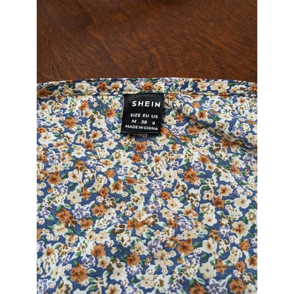 Shein Crop Top Medium Blue Orange Floral Tie Front Deep V Neck Flutter Sleeves - Picture 4 of 9